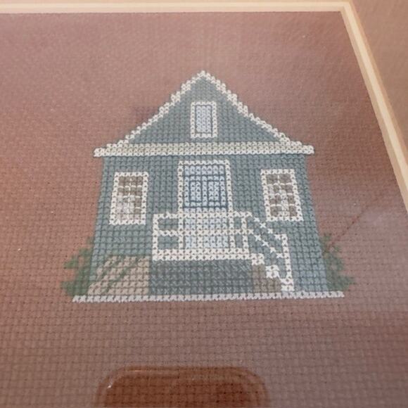 Vintage Framed Matted Cross Stitched Embroidered Folk Art Cabin/Church/LakeCabin - Picture 7 of 16